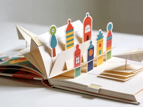 Custom pop-up book opened on a workspace showing multi-layered paper mechanisms with colorful illustrated elements standing upright Custom pop-up book opened on a workspace showing multi-layered paper mechanisms with colorful illustrated elements standing upright